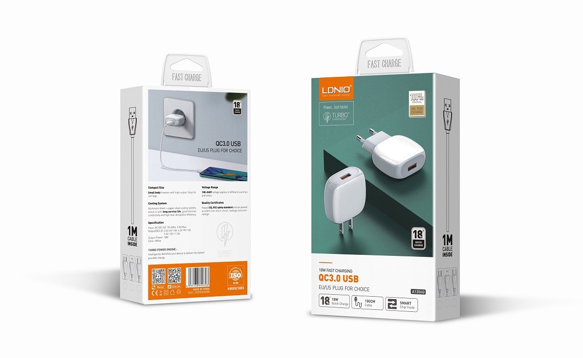 LDNIO Kućni punjač A1306Q sa USB Tip C kablom White/Beli